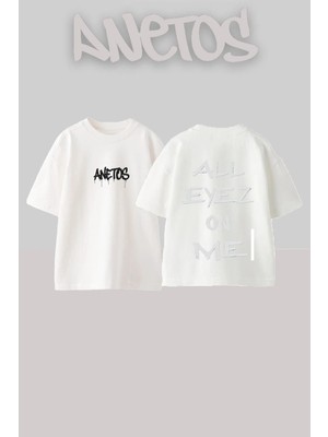 Anetos All Eyez Tasarım Sırt Baskılı Pamuk Beyaz Oversize T-Shirt