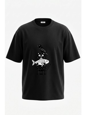 Anetos Cat Fish Bird Tasarım Sırt Baskılı Pamuk Siyah Oversize T-Shirt