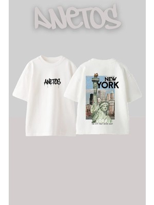 Anetos Statue Liberty Tasarım Sırt Baskılı Pamuk Beyaz Oversize T-Shirt