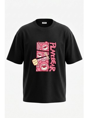 Anetos Plat Bear Tasarım Sırt Baskılı Pamuk Siyah Oversize T-Shirt