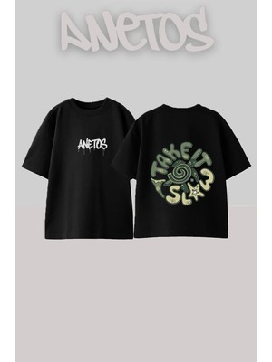 Anetos Turtle Spiral Tasarım Sırt Baskılı Pamuk Siyah Oversize T-Shirt