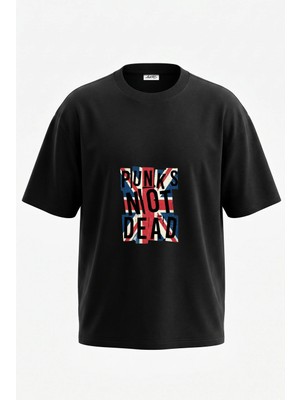 Anetos British Punk Tasarım Sırt Baskılı Pamuk Siyah Oversize T-Shirt