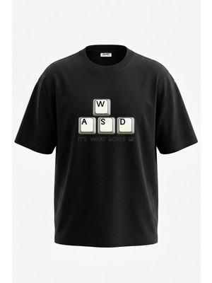 Anetos Wasd Oyun Tasarım Sırt Baskılı Pamuk Siyah Oversize T-Shirt
