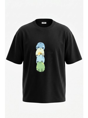 Anetos Cartoon Frogs Tasarım Sırt Baskılı Pamuk Siyah Oversize T-Shirt
