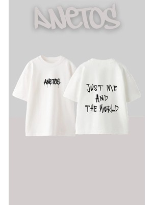 Anetos Just Me Tasarım Sırt Baskılı Pamuk Beyaz Oversize T-Shirt