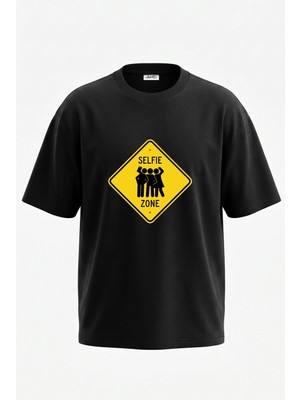 Anetos Selfie Zone Tasarım Sırt Baskılı Pamuk Siyah Oversize T-Shirt