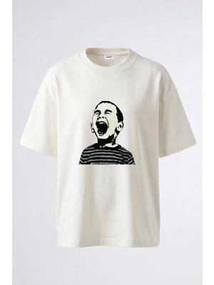 Anetos Banksy Scream Tasarım Sırt Baskılı Pamuk Beyaz Oversize T-Shirt