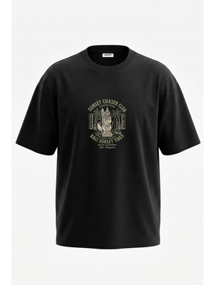 Anetos Bali Guardian Tasarım Sırt Baskılı Pamuk Siyah Oversize T-Shirt