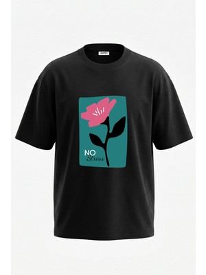 Anetos No Stress Flower Tasarım Sırt Baskılı Pamuk Siyah Oversize T-Shirt