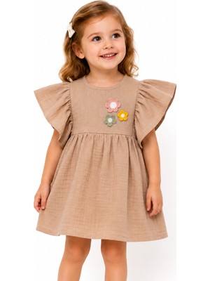 Tucan Kids Kız Çocuk Yazlık Müslin Elbise %100 Pamuk Fırfır Kollu Bej 1-2-3-4 Yaş