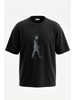Anetos Matrix Code Tasarım Sırt Baskılı Pamuk Siyah Oversize T-Shirt