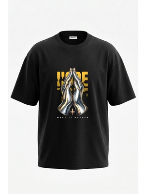 Anetos Praying Hands Hope Tasarım Sırt Baskılı Pamuk Siyah Oversize T-Shirt