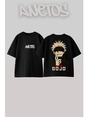 Anetos Gojo Satoru 1 Tasarım Sırt Baskılı Pamuk Siyah Oversize T-Shirt