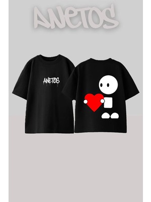 Anetos Heart Holder Tasarım Sırt Baskılı Pamuk Siyah Oversize T-Shirt