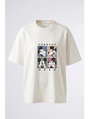 Anetos Mickey Mouse Tasarım Sırt Baskılı Pamuk Beyaz Oversize T-Shirt