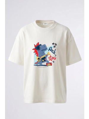 Anetos Rock Dinosaur Tasarım Sırt Baskılı Pamuk Beyaz Oversize T-Shirt