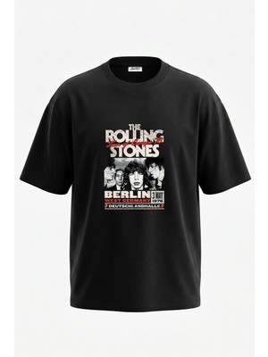 Anetos Rolling Stones Poster Tasarım Sırt Baskılı Pamuk Siyah Oversize T-Shirt