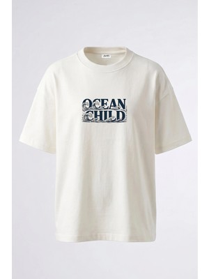 Anetos Ocean Child Tasarım Sırt Baskılı Pamuk Beyaz Oversize T-Shirt