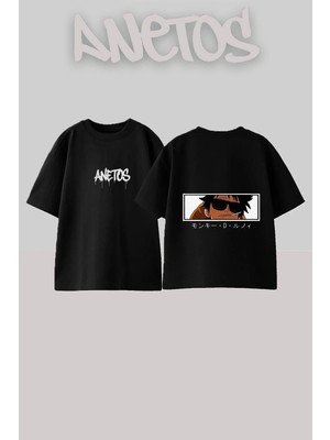 Anetos Monkey Luffy Tasarım Sırt Baskılı Pamuk Siyah Oversize T-Shirt