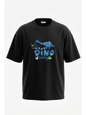 Anetos Dino Party Tasarım Sırt Baskılı Pamuk Siyah Oversize T-Shirt
