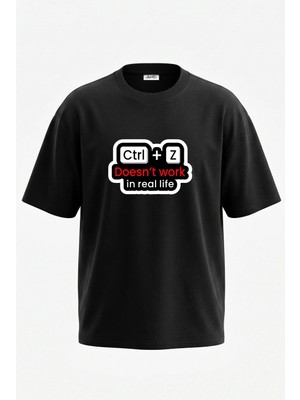 Anetos Ctrl Z Tasarım Sırt Baskılı Pamuk Siyah Oversize T-Shirt