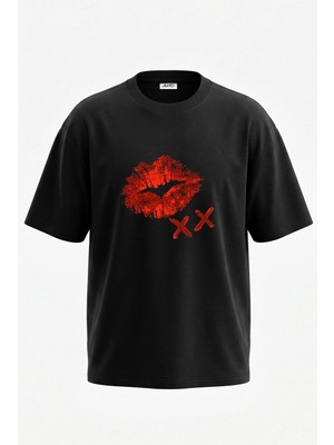 Anetos Lip Print Xx Tasarım Sırt Baskılı Pamuk Siyah Oversize T-Shirt