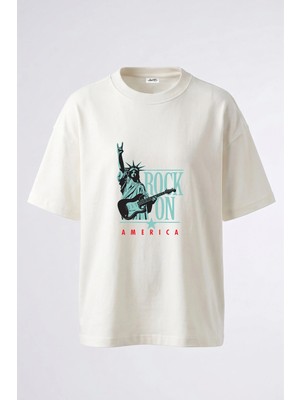 Anetos Liberty Guitar Rock Tasarım Sırt Baskılı Pamuk Beyaz Oversize T-Shirt