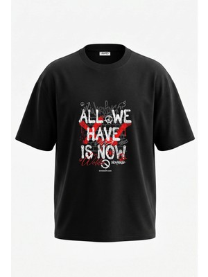 Anetos Protesto Grafiti Tasarım Sırt Baskılı Pamuk Siyah Oversize T-Shirt