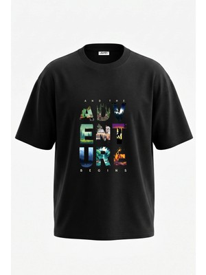 Anetos Adventure Nature Tasarım Sırt Baskılı Pamuk Siyah Oversize T-Shirt
