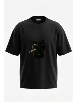 Anetos Black Cat Joint Tasarım Sırt Baskılı Pamuk Siyah Oversize T-Shirt