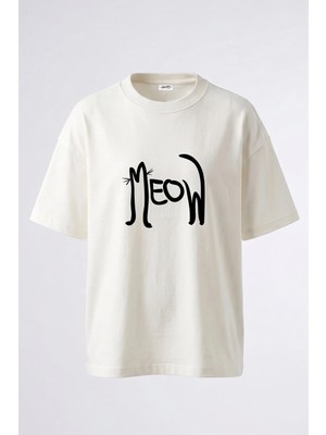 Anetos Meow Kedi Tasarım Sırt Baskılı Pamuk Beyaz Oversize T-Shirt