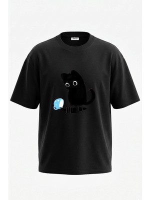 Anetos Black Cat Spill Tasarım Sırt Baskılı Pamuk Siyah Oversize T-Shirt