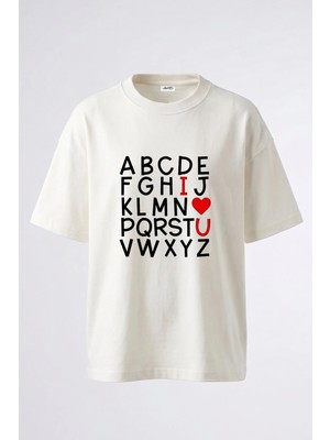 Anetos I Love You Tasarım Sırt Baskılı Pamuk Beyaz Oversize T-Shirt