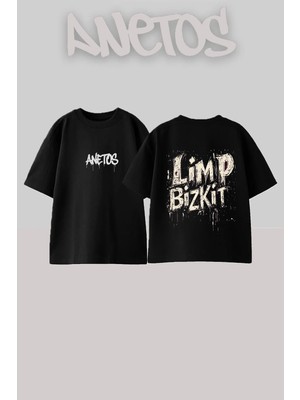 Anetos Limp Bizkit Tasarım Sırt Baskılı Pamuk Siyah Oversize T-Shirt