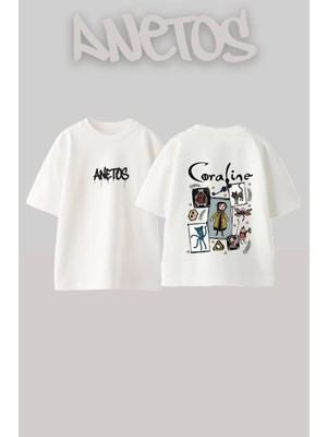 Anetos Coraline Jones Tasarım Sırt Baskılı Pamuk Beyaz Oversize T-Shirt