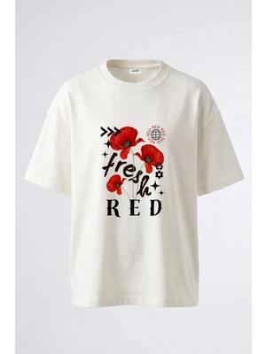 Anetos Red Poppies Tasarım Sırt Baskılı Pamuk Beyaz Oversize T-Shirt