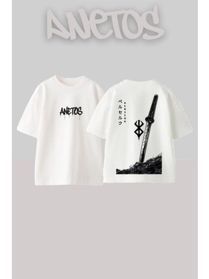 Anetos Berserk Sword 1 Tasarım Sırt Baskılı Pamuk Beyaz Oversize T-Shirt