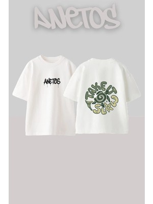 Anetos Turtle Spiral Tasarım Sırt Baskılı Pamuk Beyaz Oversize T-Shirt