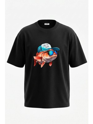 Anetos Salty Fish Tasarım Sırt Baskılı Pamuk Siyah Oversize T-Shirt