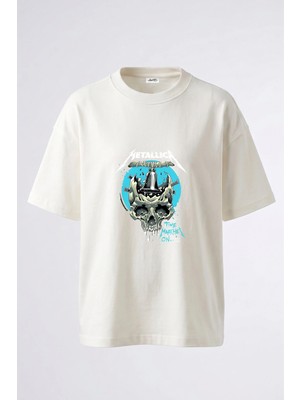 Anetos Metallica Skull Tasarım Sırt Baskılı Pamuk Beyaz Oversize T-Shirt