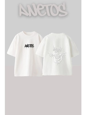 Anetos Lamb God Tasarım Sırt Baskılı Pamuk Beyaz Oversize T-Shirt