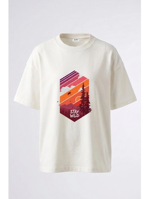 Anetos Retro Wild Pines Tasarım Sırt Baskılı Pamuk Beyaz Oversize T-Shirt
