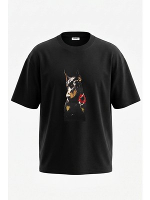 Anetos Doberman Hedef Tasarım Sırt Baskılı Pamuk Siyah Oversize T-Shirt