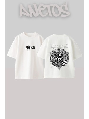 Anetos Machine Head Tasarım Sırt Baskılı Pamuk Beyaz Oversize T-Shirt