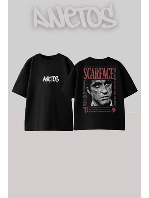 Anetos Tony Montana Scarface Streetwear Tarz Sırt Baskılı Pamuklu Siyah Oversize T-Shirt