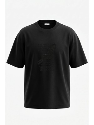 Anetos Black Cat Tasarım Sırt Baskılı Pamuk Siyah Oversize T-Shirt