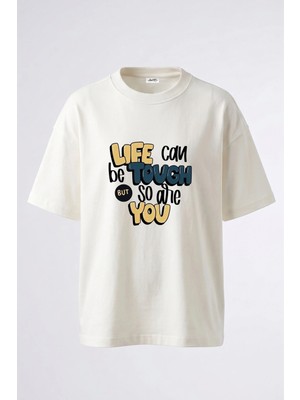 Anetos Life Tough Quote Tasarım Sırt Baskılı Pamuk Beyaz Oversize T-Shirt