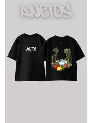 Anetos Persian Garden Tasarım Sırt Baskılı Pamuk Siyah Oversize T-Shirt