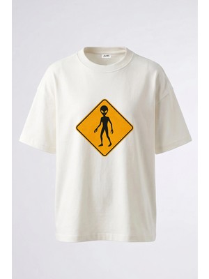 Anetos Alien Warning Tasarım Sırt Baskılı Pamuk Beyaz Oversize T-Shirt