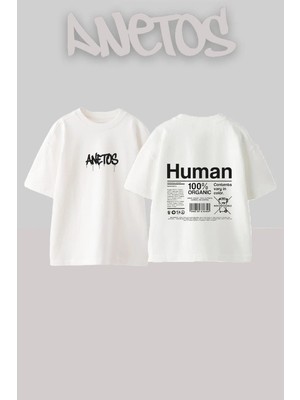 Anetos Human Components Tasarım Sırt Baskılı Pamuk Beyaz Oversize T-Shirt